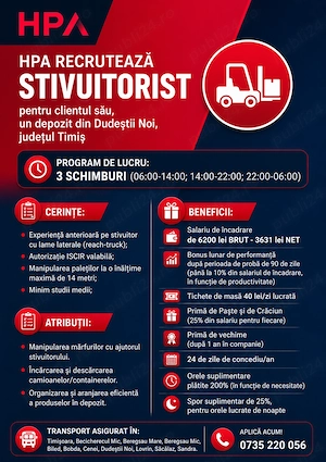 HPA recrutează stivuitorist pentru clientul său, un depozit din Dudeștii Noi, jud. Timiș.