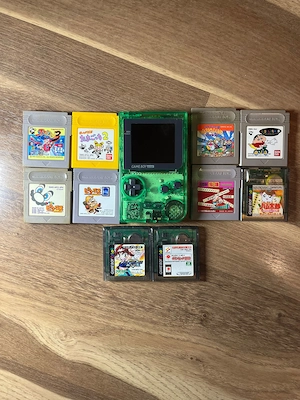 Nintendo Game Boy Pocket IPS (carcasă transparentă verde) + 10 jocuri | Testat și funcțional