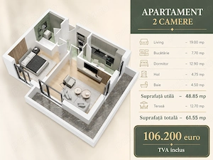Apartament 2 camere, terasă 13 mp   Drumul Fermei, Popești Leordeni, 0% comision