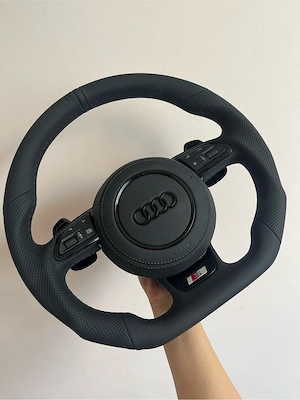 Volan Audi Teșit S-Line Audi A1 A3 A4 A5 A6 A7 A8 R8 Q3 Q5 Q7 TT Piele Nappa + Perforată cu Airbag 