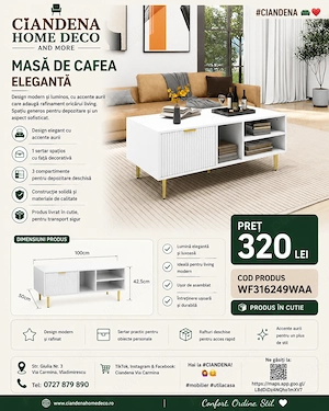 Masă de cafea elegantă, albă, cu ornamente aurii (WF316249WAA)