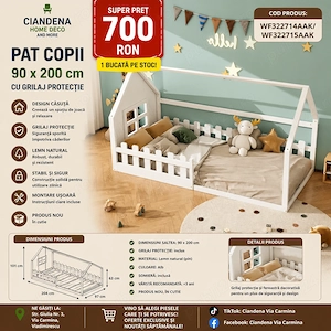 Pat copii 90 x 200 cm alb, cu grilaj protectie(WF322714AAK WF322715AAK)