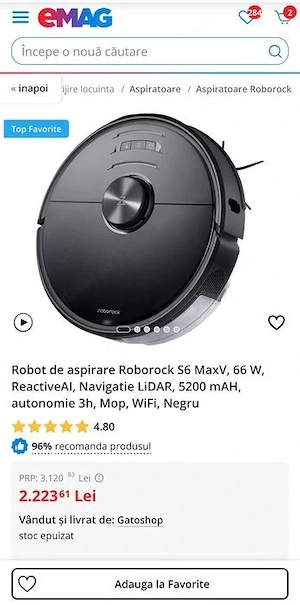 Aspirator Robot autonom automat Roborock S6 MaxV ReactiveAI Navigatie LiDAR Mop WiFi - imagine 2