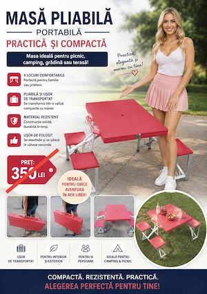 Masa pliabil camping gradina 85x65 cu scaune, folosita, fără defecte și perfect functionala