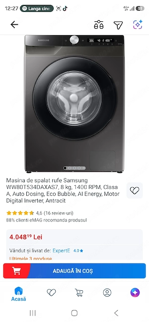 Masina de spalat rufe Samsung WW80T534DAX S7, 8 kg, 1400 RPM, 
