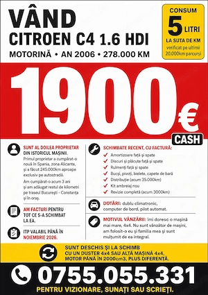Citroen C4, Consum 5%,  1.6 Hdi, al 2 lea Proprietar, Facturi Istoric - imagine 7