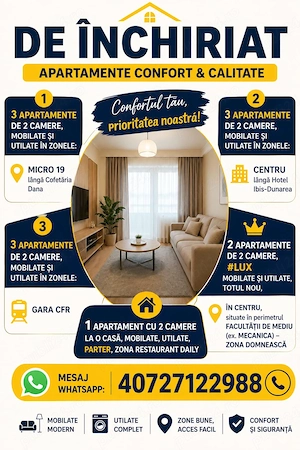 Apartament 2 camere, mobilat și utilat, PET Friendly , M19, Cofetaria Dana