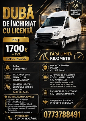     Dubă 3.5T cu Licență de Închiriat | 6 Europaleți | Fără Limită KM