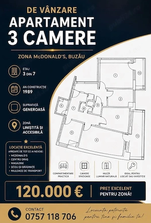 Vanzare apartament 3 camere zona ULTRACENTRAL-McDONALD S