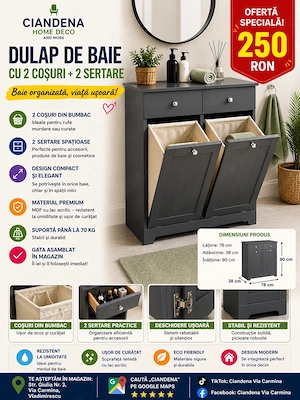 Dulap de baie cu suport pentru 2 coșuri de bumbac și 2 sertare 