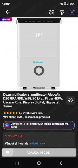 Dezumidificator + Purificator AlecoAir D20 Grande WiFi   20L zi