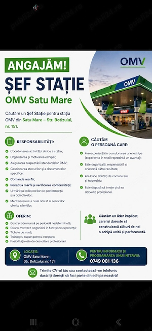  Angajăm Șef Stație   OMV Satu Mare
