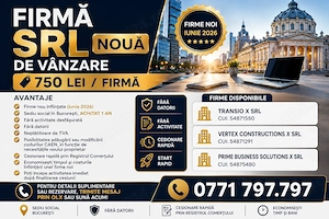  Firmă SRL Nouă de Vânzare   750 Lei   Sediu Social București Achitat 1 An