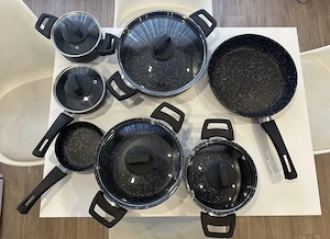 Set oale + tigăi granit antiaderente Karaca, complet, cu capace