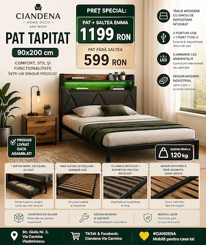 Pat tapițat Ymkua 90 x 200 cm cu spațiu de depozitare, cu sertare, cu lumini LED și tăblie (WF321250