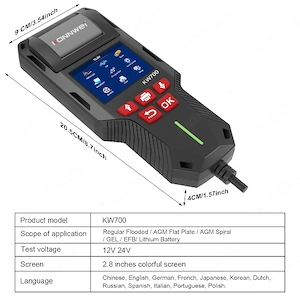 KONNWEI KW700 - Analizor / Tester Baterie Auto 12V / 24V Profesional cu Imprimanta Integrata - NOU - imagine 5