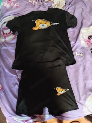 Set 2 piese negru cu ursuleț   tricou + pantaloni scurți, mărimea S
