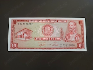 Bancnotă veche 10 soles de oro Peru 1974