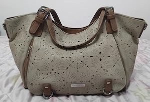 Geanta Desigual shopper din piele ecologica, cu perforatii, culoare bej - model Rotterdam