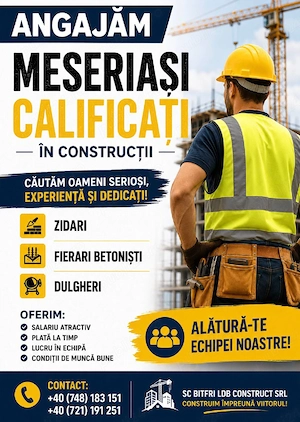 Angajăm Meseriași Calificați In Construcții 