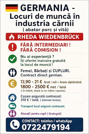 Locuri de muncă  la abator- Germania - Fără experiență  ! 
