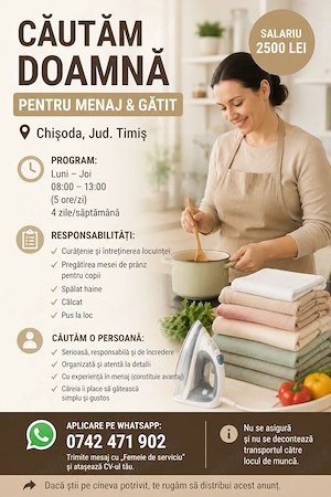 Căutăm doamna pentru curățenie și menaj