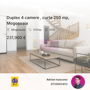 Duplex 4 camere , curte 250 mp,  Mogoșoaia