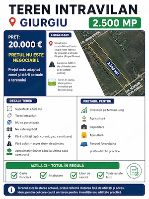 Teren intravilan 2.500 mp Giurgiu   20.000   fix   ideal investiție