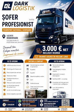     Angajăm șoferi CE Germania | 3.000   net | Cazare asigurată