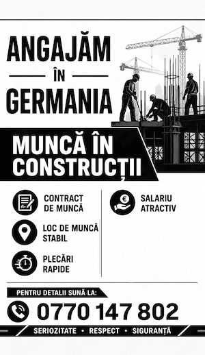 Cautăm muncitori necalificați CU PERMIS pentru construcții în Germania Loc de muncă stabil
