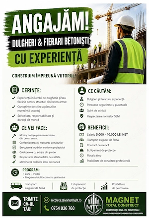 Firmă de construcții angajează dulgheri, ferari betoniști și zidari cu experiență