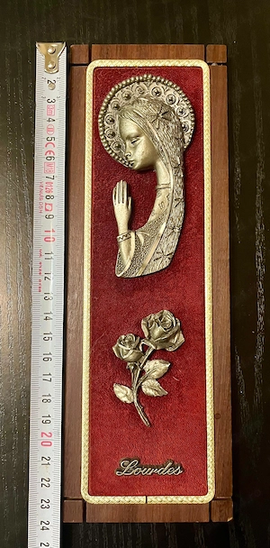 Placă religioasă devotală vintage cu Maica Domnului de la Lourdes