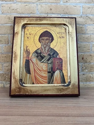 Icoană grecească Sfântul Spiridon pe lemn, cu certificat - Insula Eghina - Stare Foarte Buna