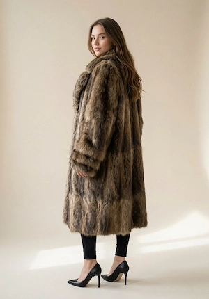 Blană naturală vintage Rosomak Plus Fashion, maro, stare excelentă, L  oversize
