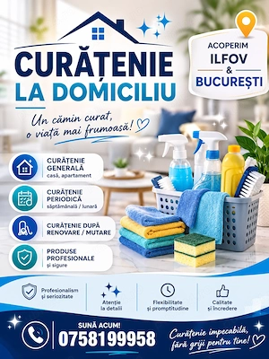 Ofer servicii de curățenie la domiciliu pentru mai mult detalii sunați la nr din imagine 