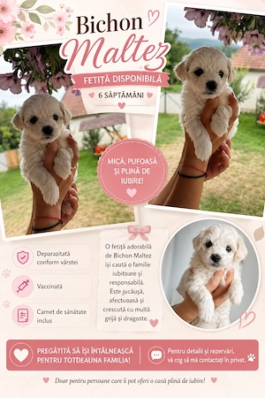 Bichon Maltez   fetiță disponibilă, 6 săptămâni