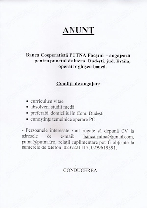 Banca Cooperatistă PUTNA  - angajează la punctul de lucru  Dudești, jud. Brăila, operator ghișeu 
