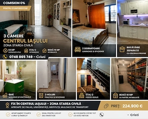 Oportunitate RARA! COMISION 0%_apt  3 C D IASI_Piața Unirii_ Etaj 2 + boxa intabulata 10mp        