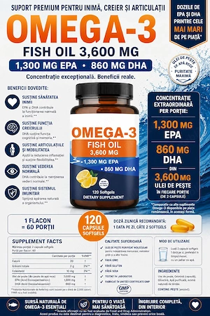 Omega 3  Cea mai mare concentratie de pe piata pe portie ! 1300 mg EPA , 860 mg DHA !!