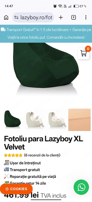 Fotoliu Puf Lazyboy Cloud XL Velvet Verde Închis