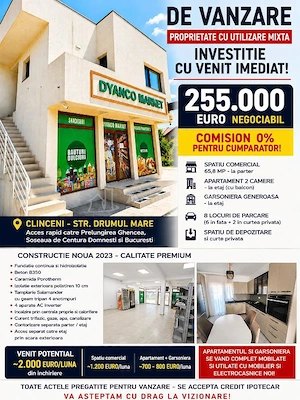 Vanzare -  Spatiu Comercial + Apartament + Garsoniera - Clinceni - 255000E - tva inclus -  INVESTITI
