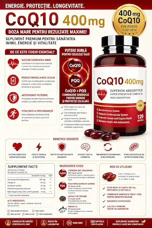Complex Coenzima Q10(400mg  portie,60 portii) + PQQ + Omega3 + Lecitina + Black pepper !!