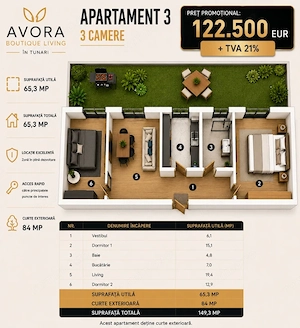 Avora Boutique Tunari, apartament 3 camere, langa Cosmopolis  - imagine 8