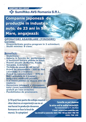 SumiRiko AVS Romania angajeaza operatori asamblare (FINISORI) in productie