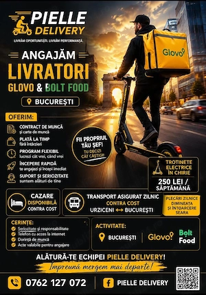 Pielle delivery***** Angajează șoferi pt comunitatea Uber bolt pe zona București Și Ilfov 