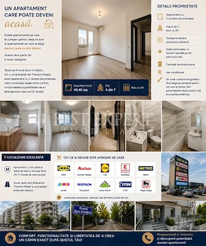 2 Camere Decomandat| Etaj 4/7 |Centrală Proprie | Aer Condiționat | Zona Pallady