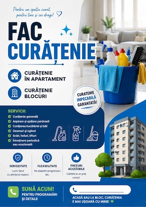    Ofer servicii de curățenie!  Curățenie pentru apartamente și scări de bloc. Seriozitate, atenție 