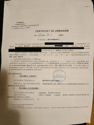 Teren intravilan Cihei 1000mp PUZ, certificat urbanism.