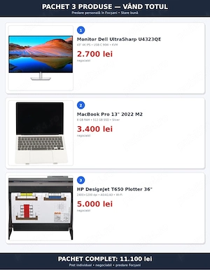Vand Macbook Pro M2 13 inch 2022 baterie 98% 76 cicluri de incarcare, Plotter HP A0, Monitor Dell 4k