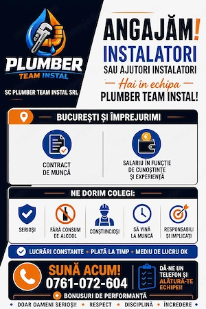 angajam instalatori termice si sanitare salariu 6000-7000 ofer cazare